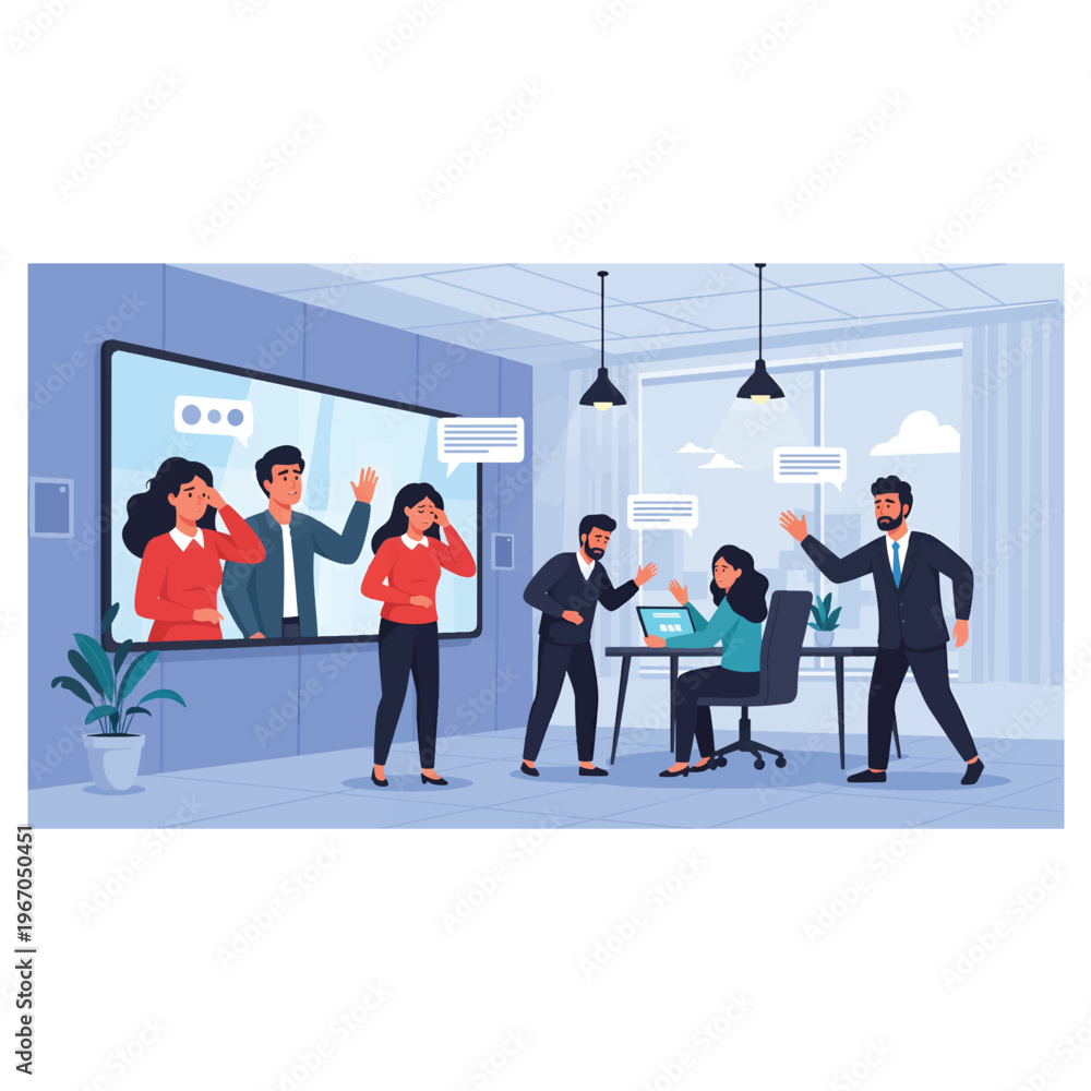 Fototapeta premium Dynamic business meeting scene with remote team members appearing on large screen, engaging in video conference, collaborative discussion, modern office environment. Vector art