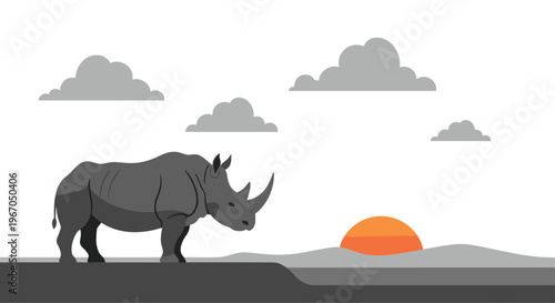 A grey rhinoceros stands on a layered grey landscape with grey clouds and an orange setting sun in a minimalist illustration.