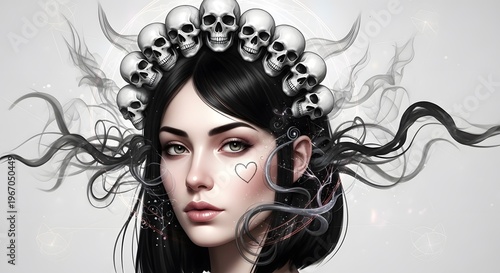Gothic Woman with Skull Halo and Dark Smoke Wisps