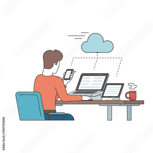 Man Working at Desk with Multiple Connected Devices