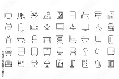 Household Interior Line Icons for Kitchen Bathroom and Living Room