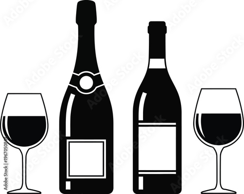 Black silhouette graphics feature champagne and wine bottles flanking two glasses filled.