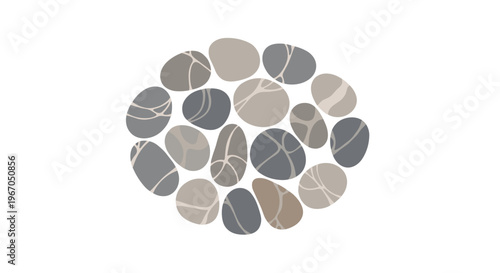 A circular cluster of smooth, rounded grey and beige pebbles with delicate white lines is arranged on a pure white background.
