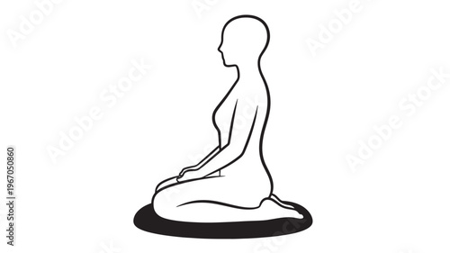 Woman meditating in lotus pose icon with minimalist black line art silhouette on white background featuring yoga, meditation, zen with symbol and