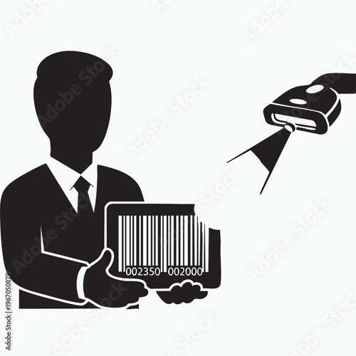 Silhouette of a man with a barcode on a box and a scanner as PNG asset