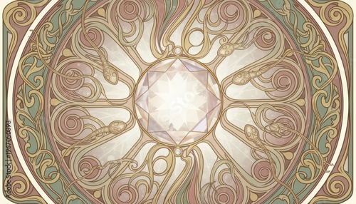 Art Nouveau Mandala with Central Gemstone and Stylized Fish Motifs Intricate Geometric Patterns Soft Pastel Color Palette Decorative Emblem
