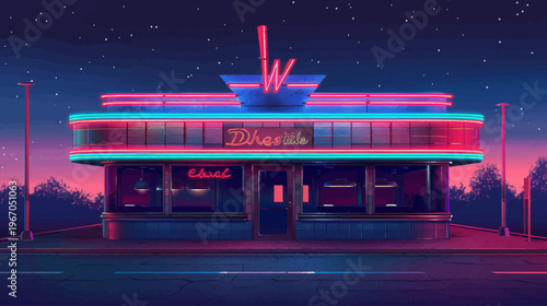 Neon diner at night retro architecture and starry sky illustration