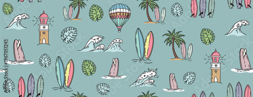 Hello Summer, pattern with surfboard, palm tree and wave, hand drawn illustration.	
