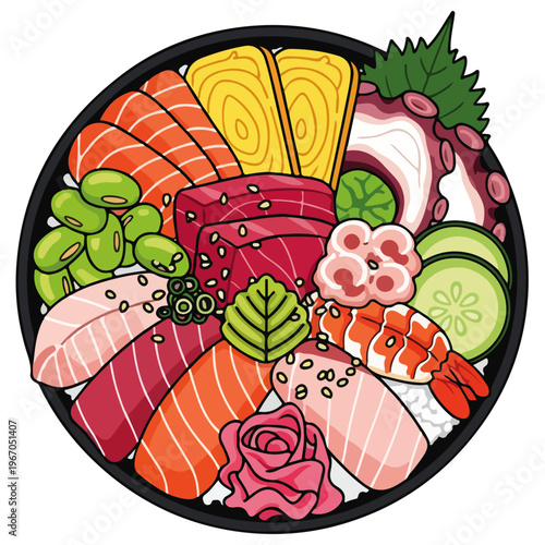 assorted japanese sashimi bowl flat vector illustration