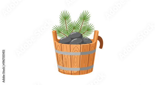 A light brown wooden bucket with two metal bands contains several dark gray sauna stones and three green fir branches on a white background.