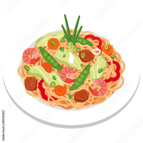 Flat Vector Pad Thai Shrimp Noodle Bowl Illustration