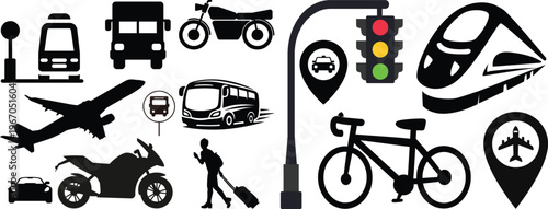 Set of black and white transportation icons including car, bus, train, bicycle, motorcycle, airplane, ship, taxi, traffic lights isolated on plain background