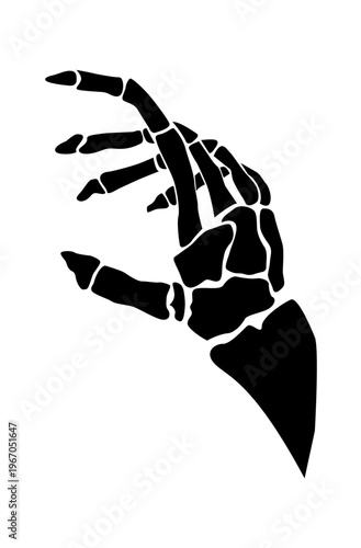 Black skeletal hand, stylized, isolated on white. Fingers splayed, bones clearly defined. Graphic boldness evokes mystery or danger. Use for horror, thriller, or edgy design projects