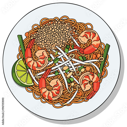shrimp pad thai bowl flat vector illustration restaurant menu design