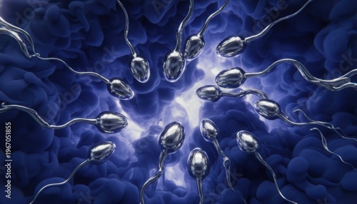 Microscopic view of sperm cells swimming towards an egg cell nucleus microscopic detail scientific concept blue ambient lighting macro photography