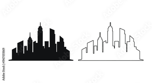 a black and white city skyline with tall buildings Vector