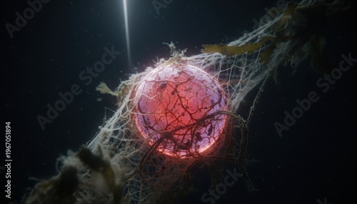 Mysterious Glowing Orb Encased in Fishing Net Underwater Ethereal Light Rays Macro Detail Dark Ocean Depths Conceptual