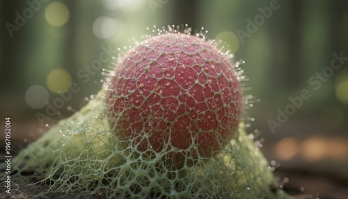 Red Spiky Microscopic Organism with Delicate Filaments on Mossy Surface in Soft Forest Light Macro Detail Bokeh Background