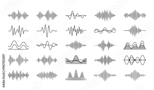 Minimal sound wave line vector set with clean audio pulse and vibration elements isolated on white background