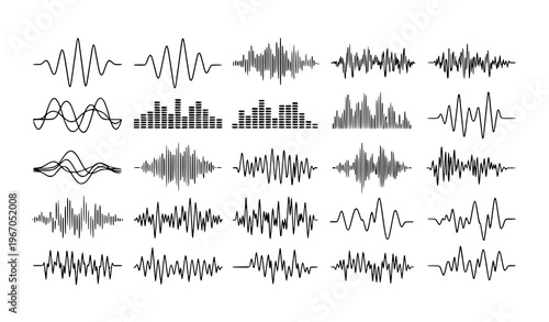 Sound wave and pulse line vector set with vibration audio elements for music app design isolated on white background