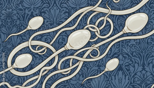 Sperm Cells Swimming Abstractly on Ornamental Blue Background Microscopic View Detailed Organic Forms