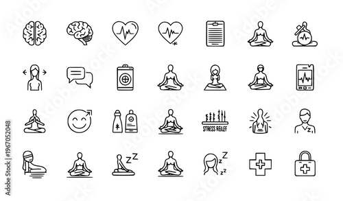 Wellness and mental health line icon set with editable stroke healthcare and self care symbols isolated on white background