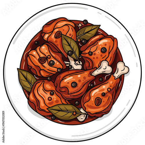 spicy braised chicken drumstick plate flat vector illustration