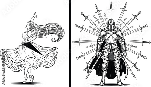 Black and white line art illustration of graceful dancing woman and armored knight surrounded by swords, fantasy contrast, medieval theme, dual composition
