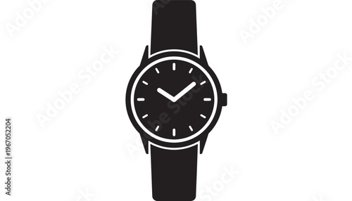 Watch black icon with analog dial and simple hands, representing timekeeping and accessories. featuring time, timepiece, clock with wrist and