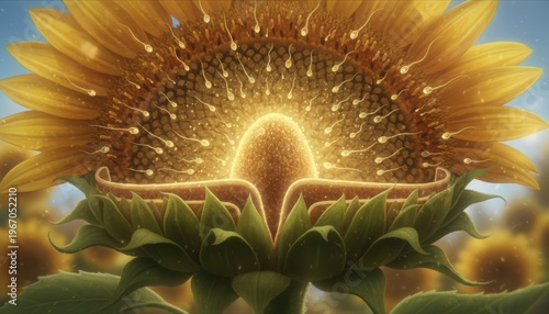 Sunflower Fertilization and Pollination Process Close-up Vivid Golden Petals Detailed Stamens Macro View Natural Growth Cycle Abstract Conceptual