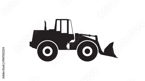 Wheel loader silhouette with a front bucket and large tires on a white background. featuring tractor, construction equipment, heavy machinery with