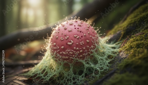 Tiny Fungal Spore Globe with Delicate Filaments Emerging from Mossy Forest Floor Macro Detail Natural Bokeh Background Soft Sunlight