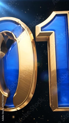 A large, stylized golden number zero and one with a blue metallic texture, set against a dark background with sparkling particles and light flares