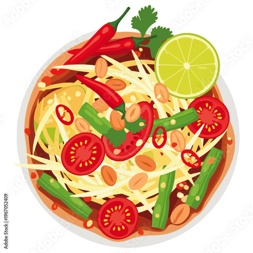 Top Down Som Tum Thai Papaya Salad Flat Vector Illustration