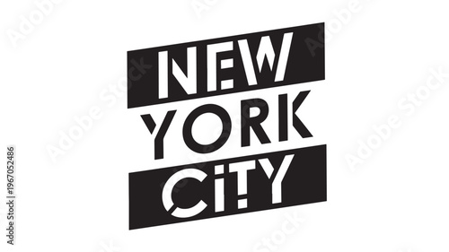Logo text New York City in bold white font against a black rectangular background tilted diagonally.