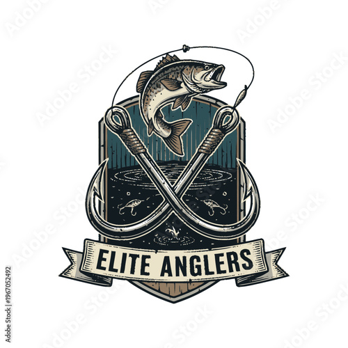 Elite Anglers Emblem with Jumping Bass and Fishing Hooks.