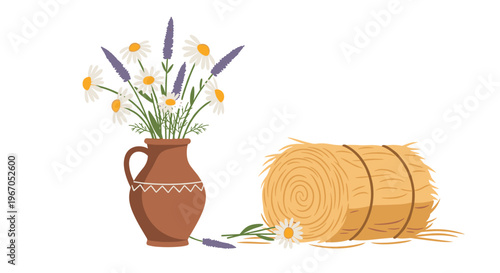 A rustic brown vase holding white daisies and purple lavender stands beside a round hay bale on a plain white background.