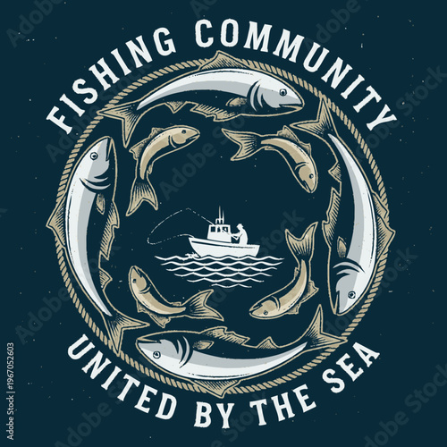 Fishing Community United By The Sea Emblem.