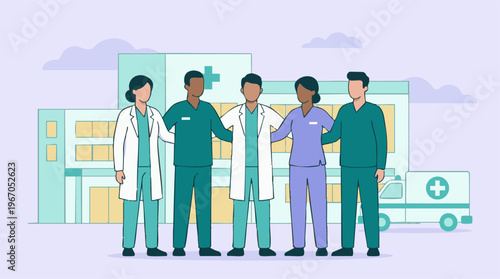 Diverse healthcare professionals united in front of modern hospital building