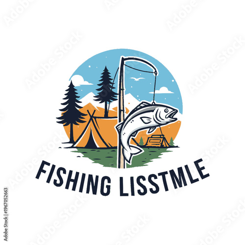 Fishing illustration of a jumping fish on a pole.