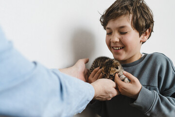 A father and son are enjoying time together as they play with kittens. The boy helps the father lift a kitten from a box. Care and love for animals