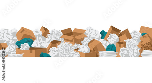 A horizontal border of crumpled white paper, shredded paper, cardboard boxes, and teal crumpled paper forms a messy pile against a white background.
