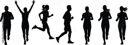 Black silhouettes of diverse men and women running and jogging in various poses, representing fitness, marathon success, healthy lifestyle, and athletic training isolated on white background.