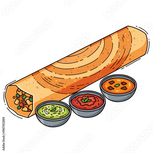 masala dosa with chutneys flat cartoon vector illustration