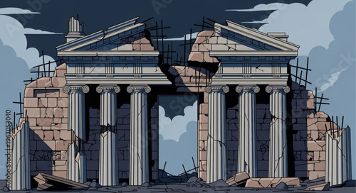 Ancient Greek Temple Ruins With Ionic Columns And Pediment.