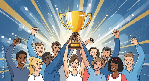 Diverse group of people celebrating holding a golden trophy high.
