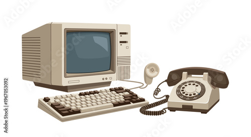 An old beige computer with a CRT monitor and a rotary telephone are displayed on a white background.