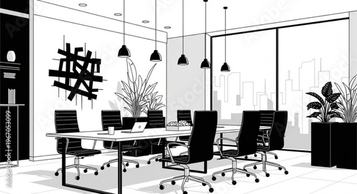 Modern Conference Room with Sleek Furniture and Artwork.