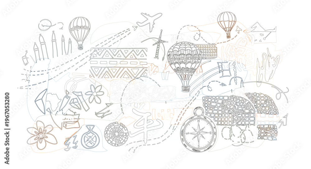 Obraz premium Whimsical illustration of a global travel journey. Hand-drawn doodles of hot air balloons, compasses, and exploration elements symbolize adventure, discovery, and interconnected paths