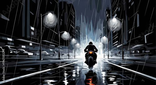 Motorcyclist rides through a dark rainy city street at night.